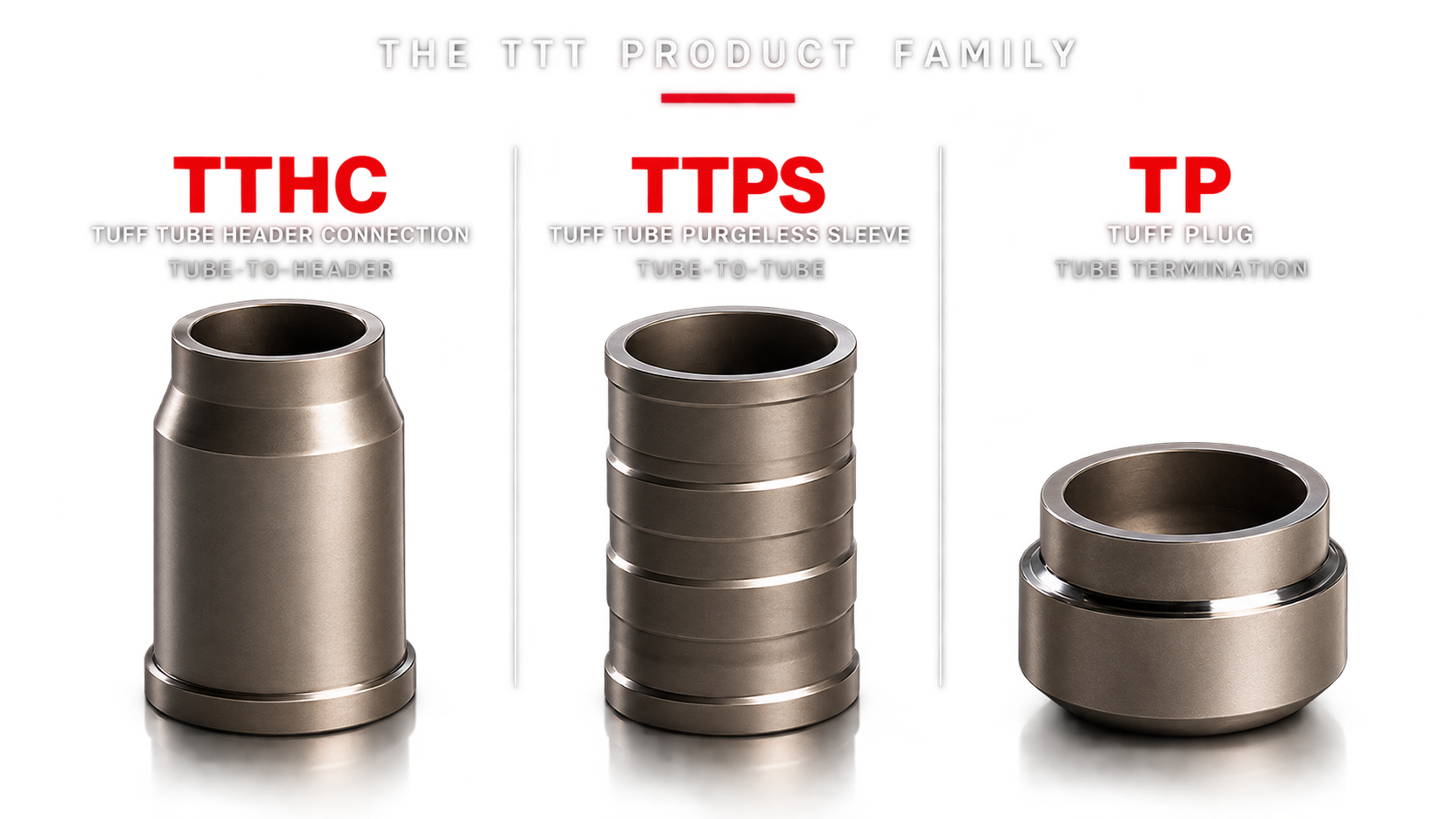 The TTT product family: TTHC Tuff Tube Header Connection, TTPS Tuff Tube Purgeless Sleeve and TP Tuff Plug shown together